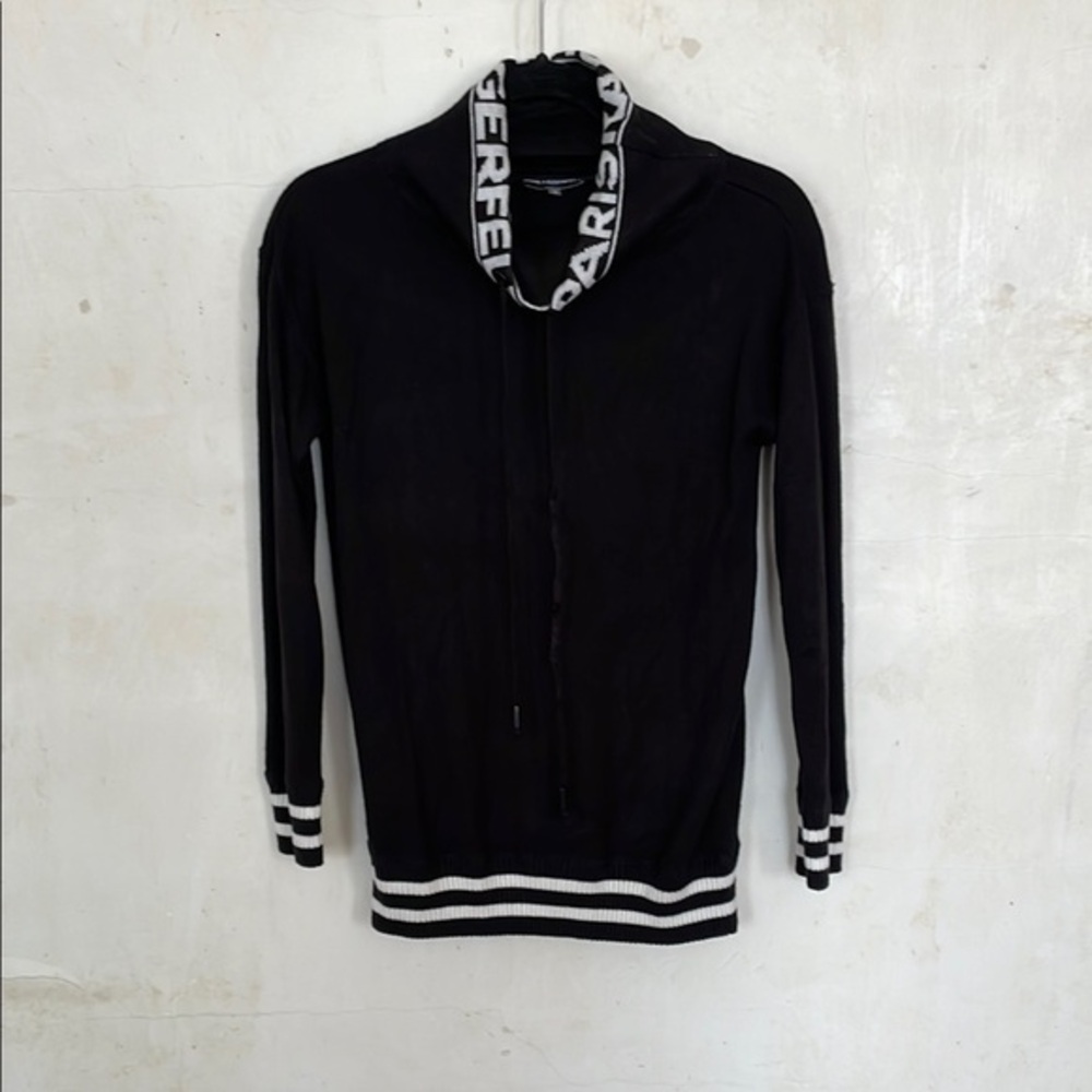 Karl Lagerfeld Black Sweater with White Logo Accents and Stripes